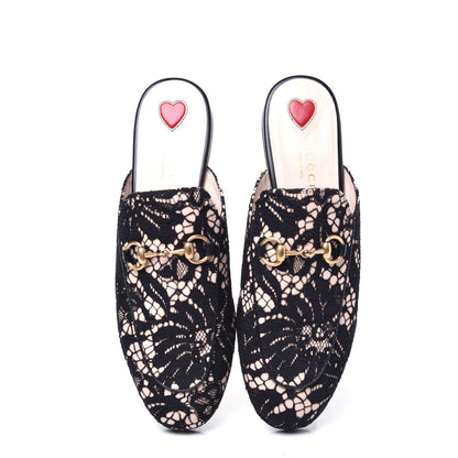 Gucci Lace Malaga Kid Womens Princetown Slippers 36.5 Black Skin Rose 5 of 9