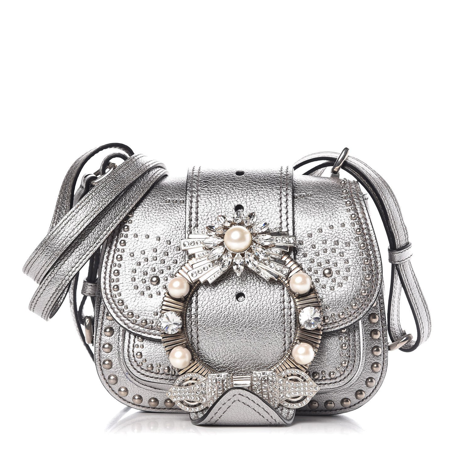 Metallic Goatskin Madras Stud Embellished Buckle Dahlia Shoulder Bag Chrome