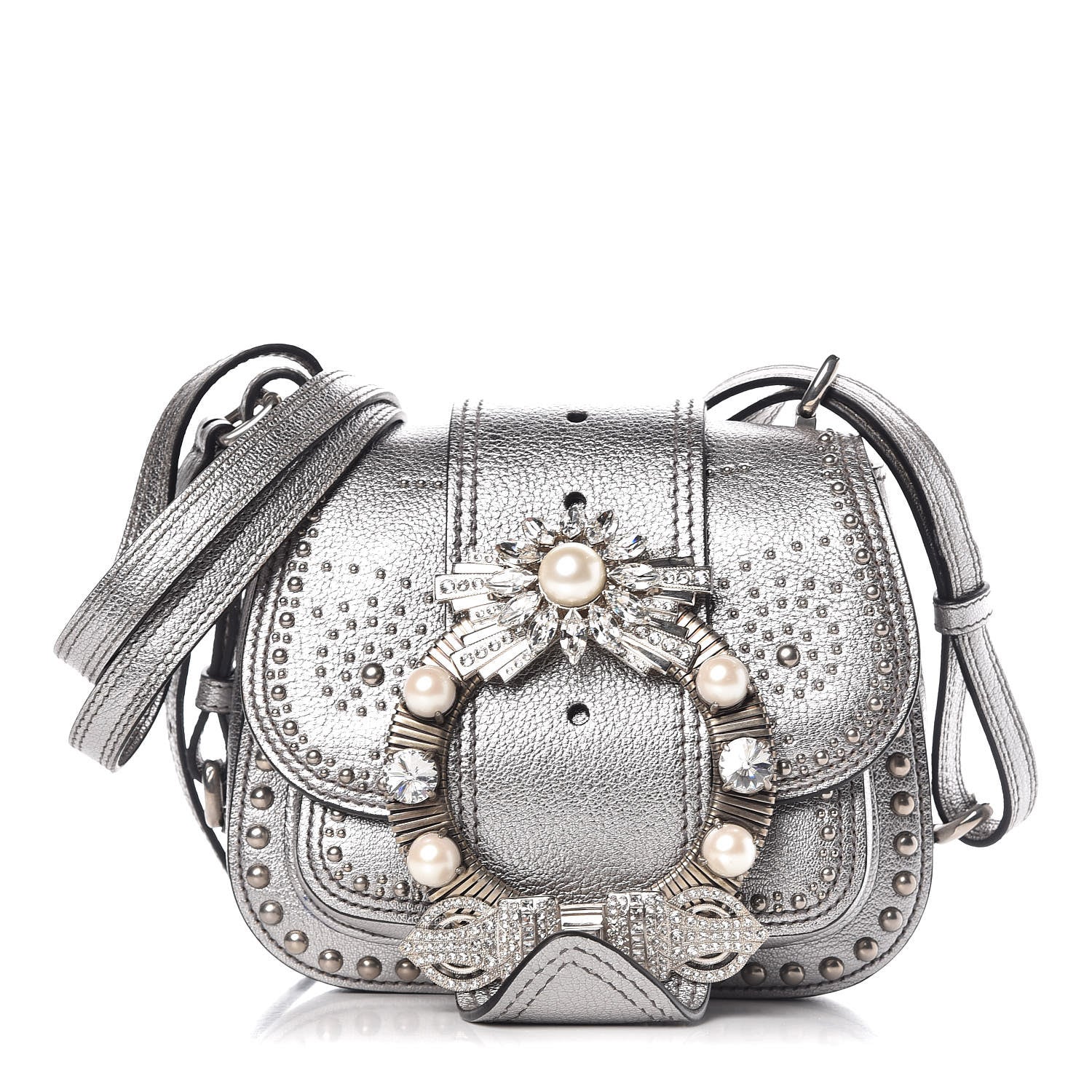 Miu Miu Metallic Goatskin Madras Stud Embellished Buckle Dahlia Shoulder Bag Chrome 3 of 20