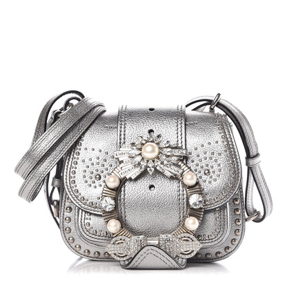 Miu Miu Metallic Goatskin Madras Stud Embellished Buckle Dahlia Shoulder Bag Chrome 3 of 20