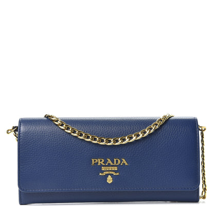 Prada Vitello Grain Metal Oro Chain Wallet Bluette 1 of 8