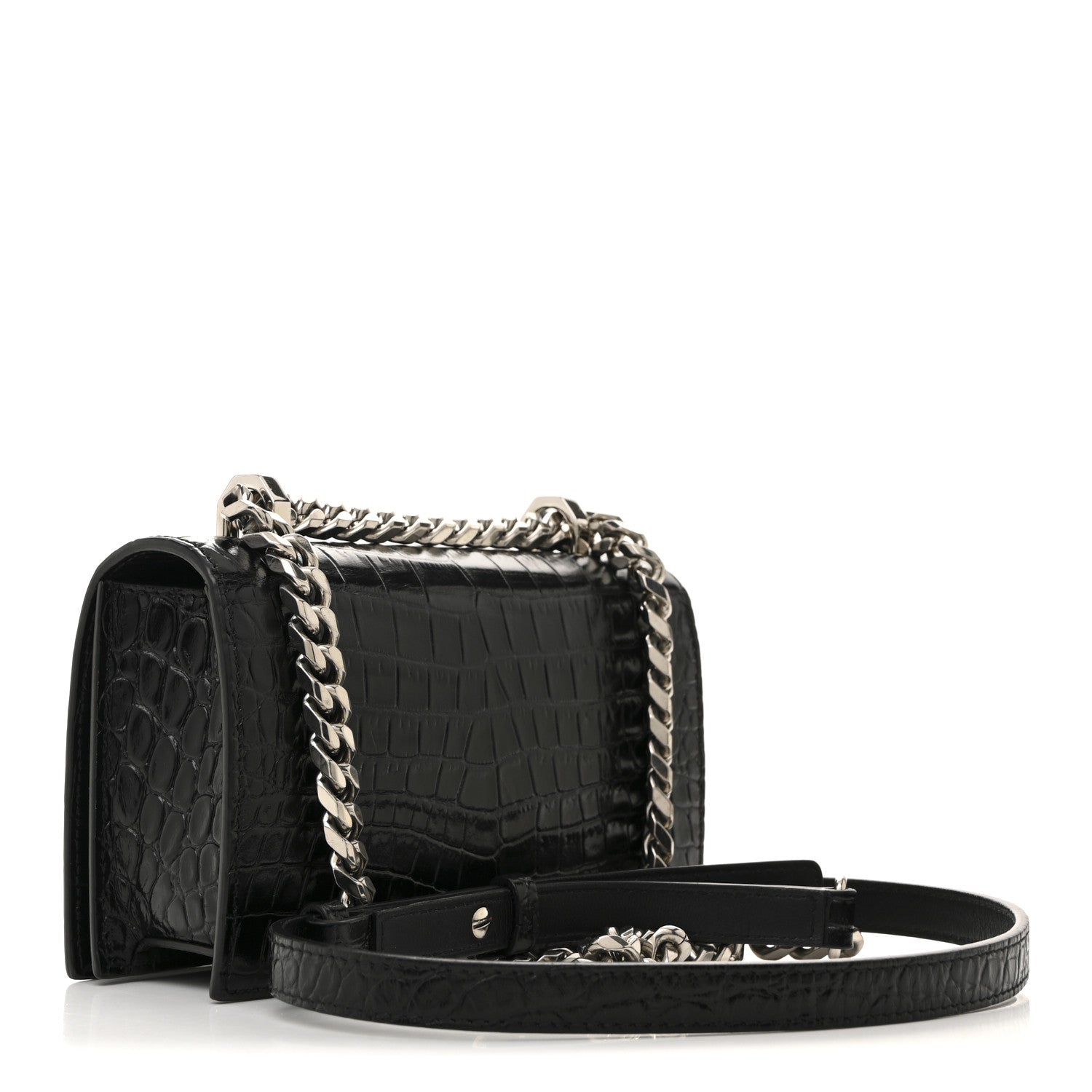 Alexander McQueen Shiny Calfskin Crocodile Embossed Mini Jeweled Satchel  Black 3 of 13