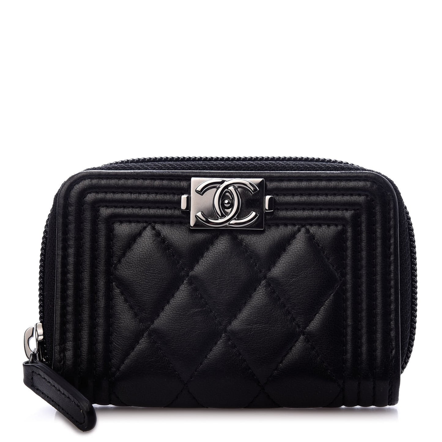 Lambskin Quilted Zip Around Boy Coin Purse Wallet Black