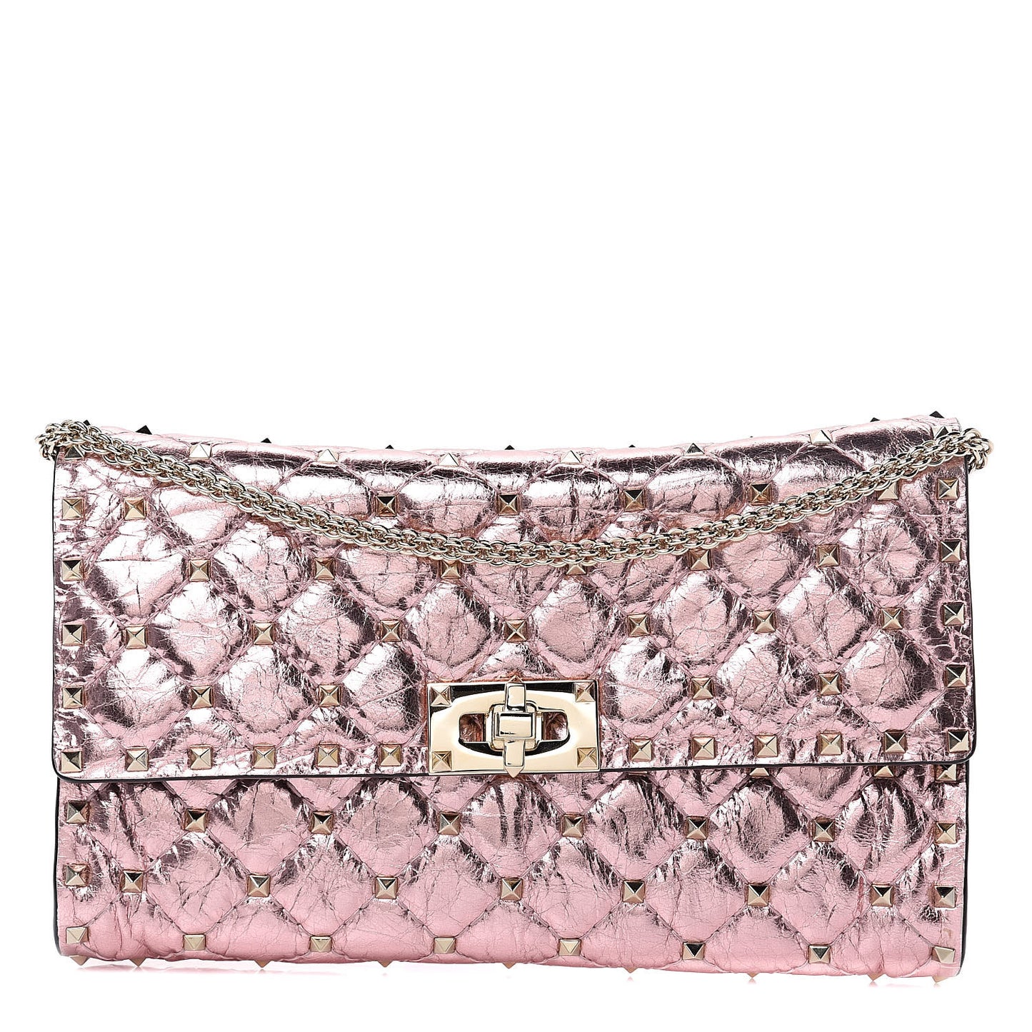 Metallic Wrinkled Lambskin Rockstud Spike Wallet on Chain Lipstick