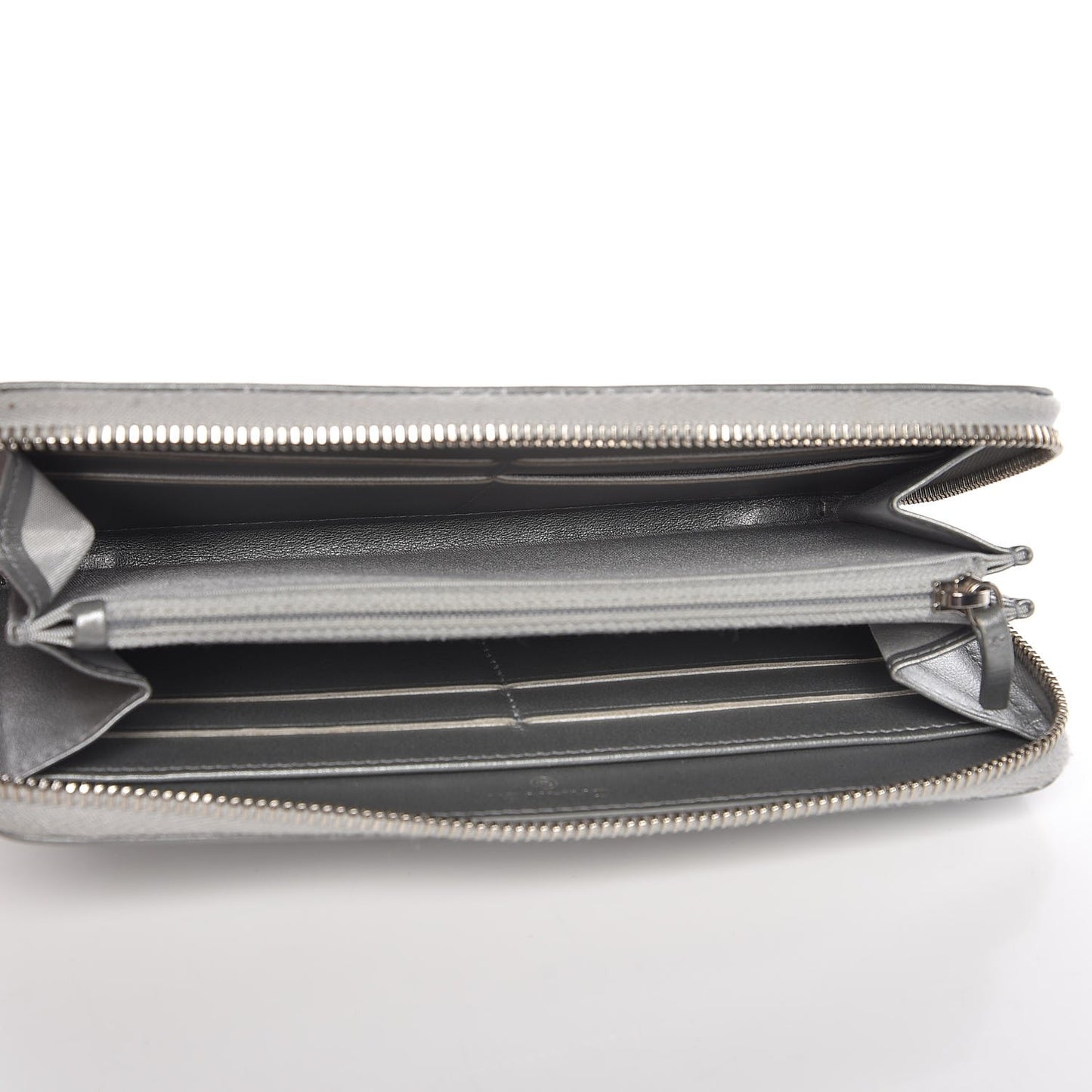 Metallic Calfskin Diamante Camellia Zip Around Wallet Silver