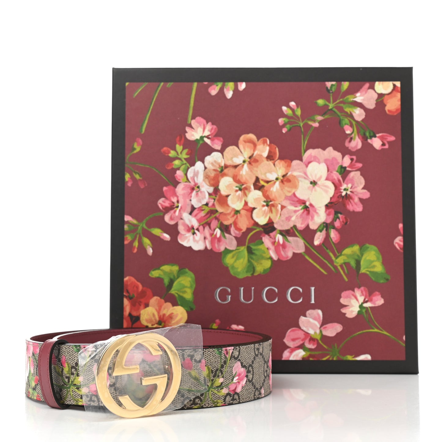 GG Supreme Monogram Blooms Moon Calfskin Interlocking G 37mm Belt 95 38 Beige Ebony Multicolor Dry Rose