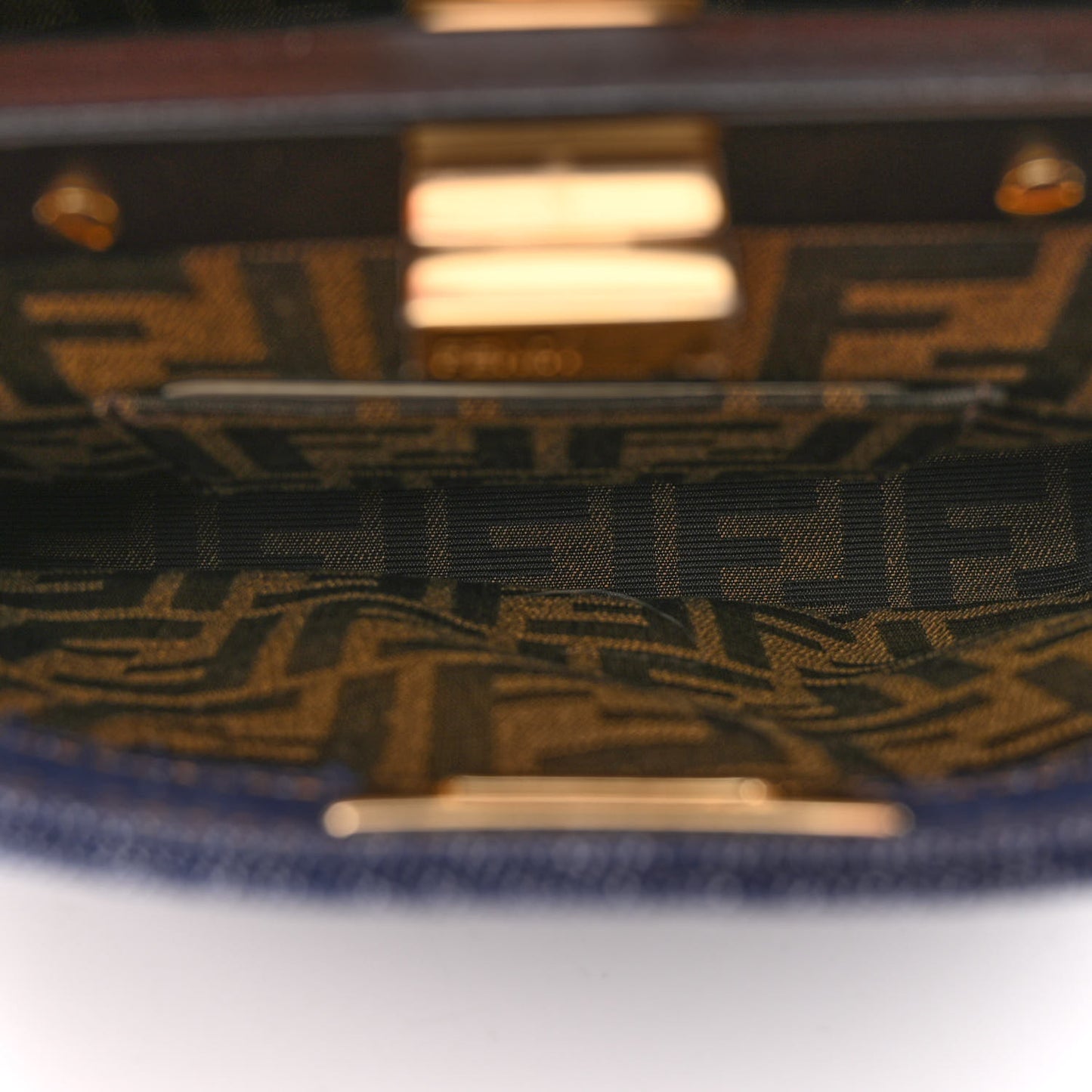 Denim Fabric Jacquard Cuoio FF 1974 Mini Peekaboo Iconic Satchel Blue Tobacco Moro