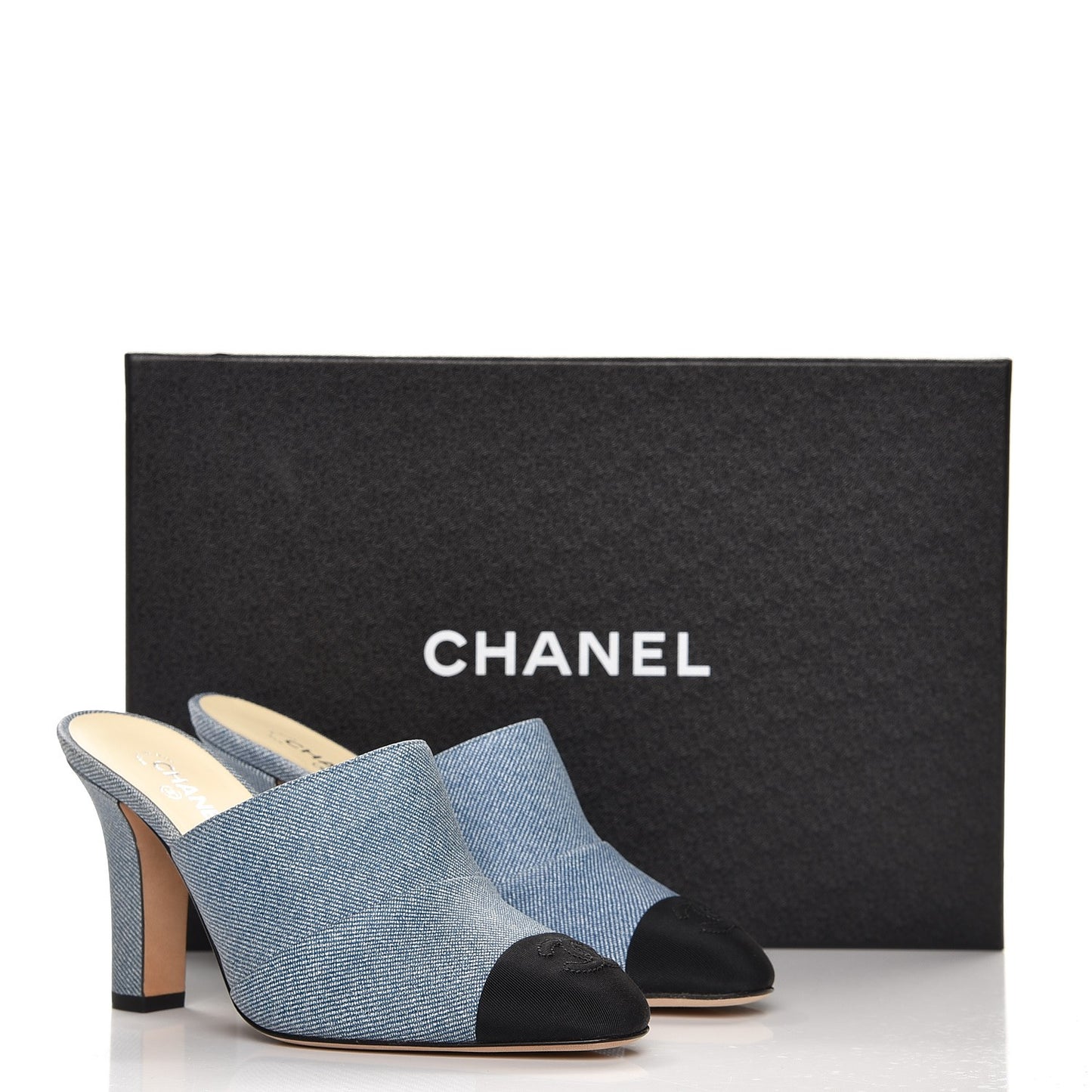 Printed Lambskin Grosgrain Cap Toe CC Mules 35 Blue Black