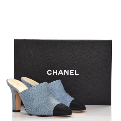 Chanel Printed Lambskin Grosgrain Cap Toe CC Mules 35 Blue Black 10 of 10