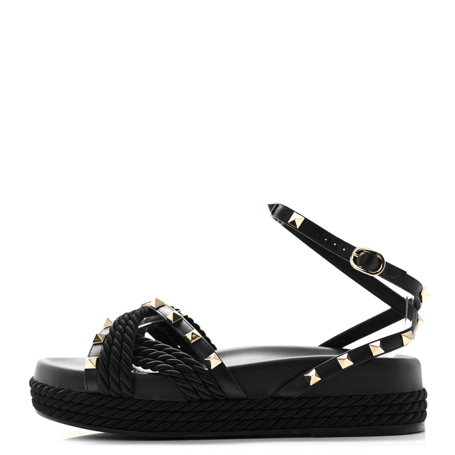 Valentino Garavani Calfskin Rockstud Torchon Flatform Espadrille Sandals 36 Black 1 of 8