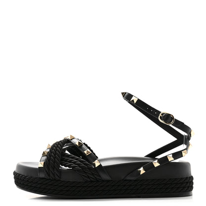 Valentino Garavani Calfskin Rockstud Torchon Flatform Espadrille Sandals 36 Black 1 of 8