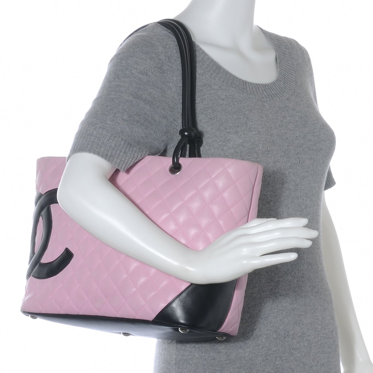 Calfskin Quilted Large Cambon Tote Pink Black
