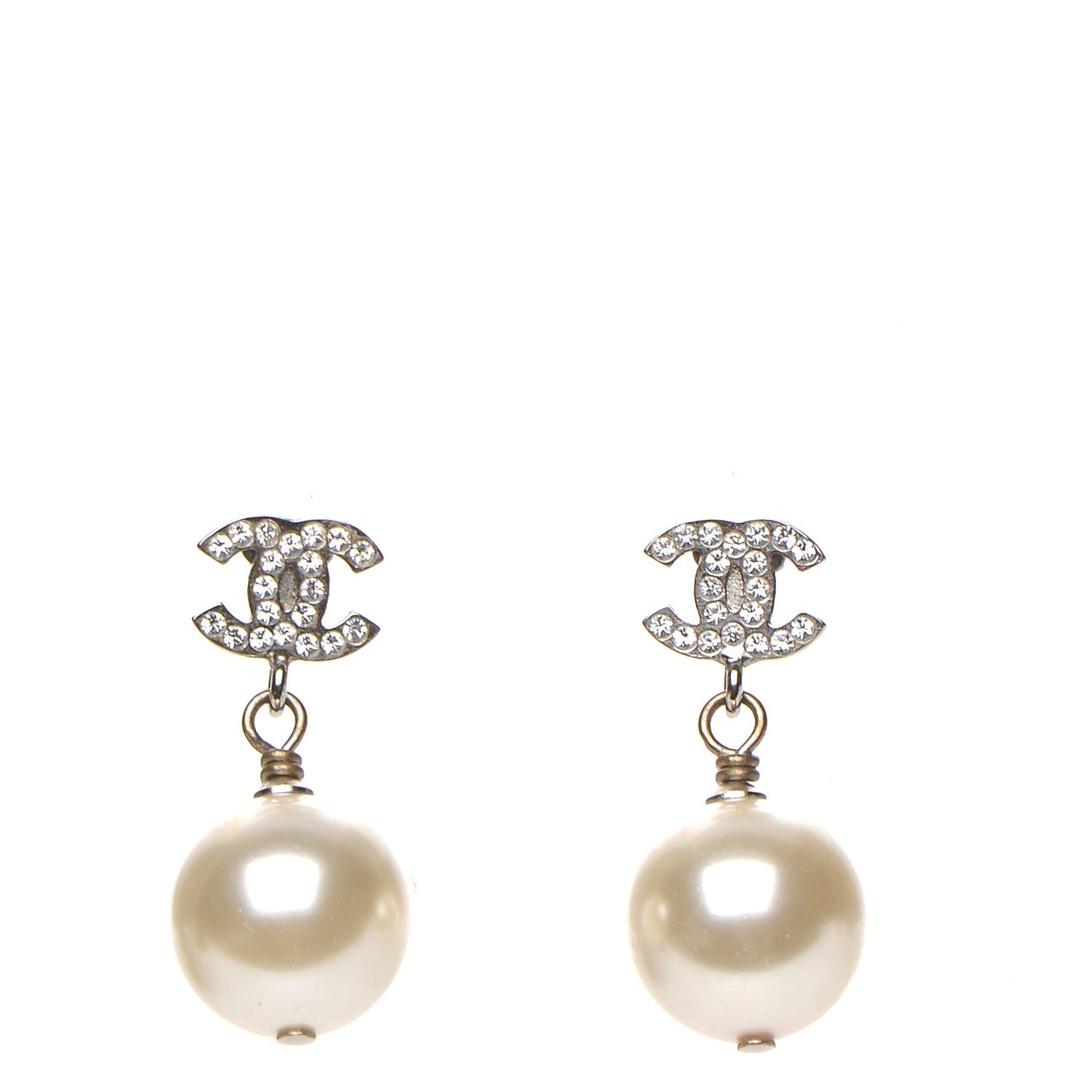 Crystal Pearl CC Drop Earrings Silver