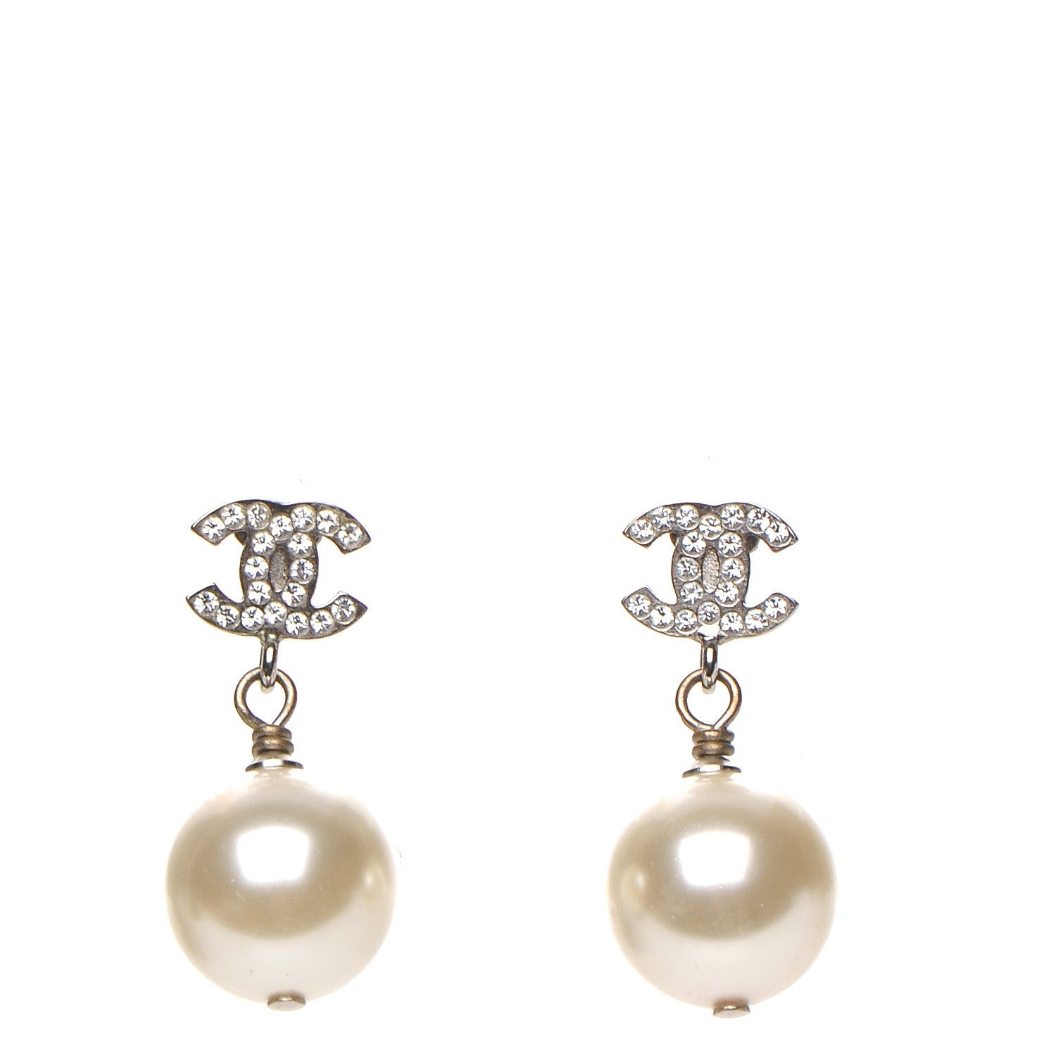 Chanel Crystal Pearl CC Drop Earrings Silver 1 of 5