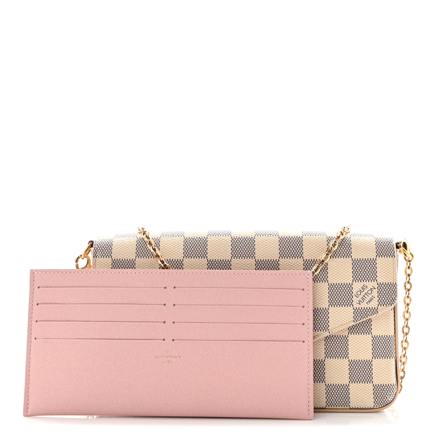 Damier Azur Pochette Felicie Chain Wallet Rose Ballerine