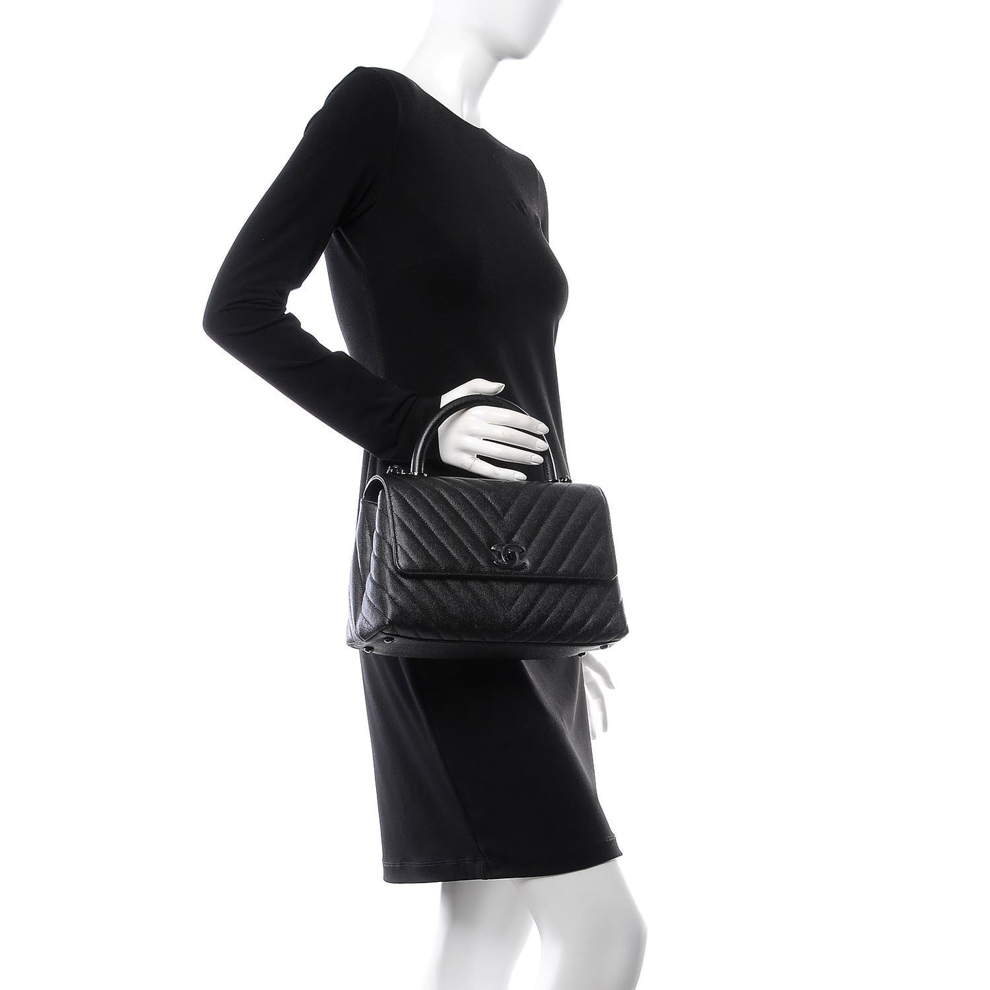 Caviar Chevron Quilted Small Coco Handle Flap So Black