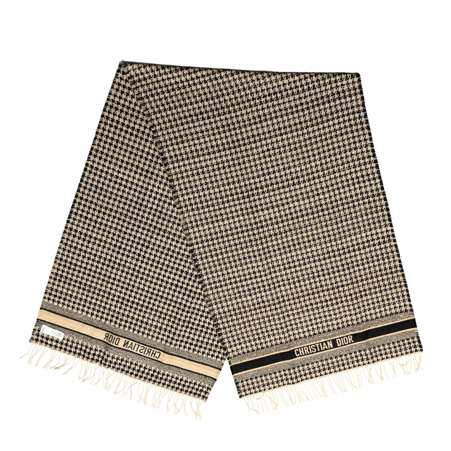 Christian Dior Wool Silk Houndstooth Fringe Scarf Beige Black 2 of 3