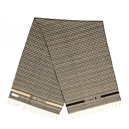 Christian Dior Wool Silk Houndstooth Fringe Scarf Beige Black 2 of 3