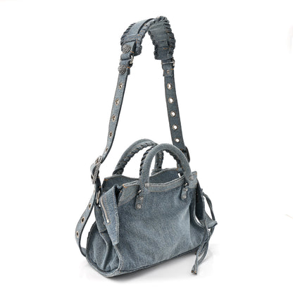 Balenciaga Washed Frayed Denim Crystal Neo Cagole Handbag XS Blue 2 of 9