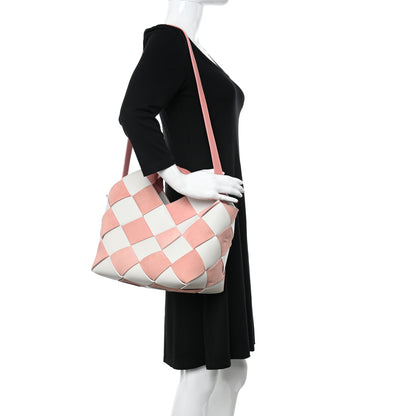 Loewe Calfskin Suede Gingham Woven Basket Bag Soft Pink White 2 of 10
