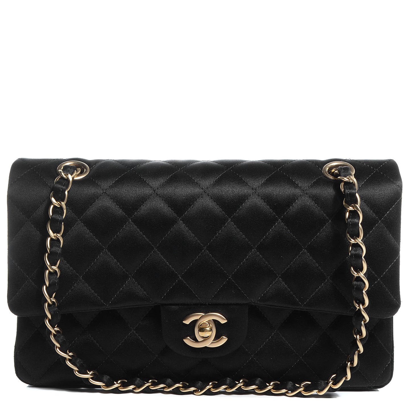 Satin Quilted Medium Double Flap Black