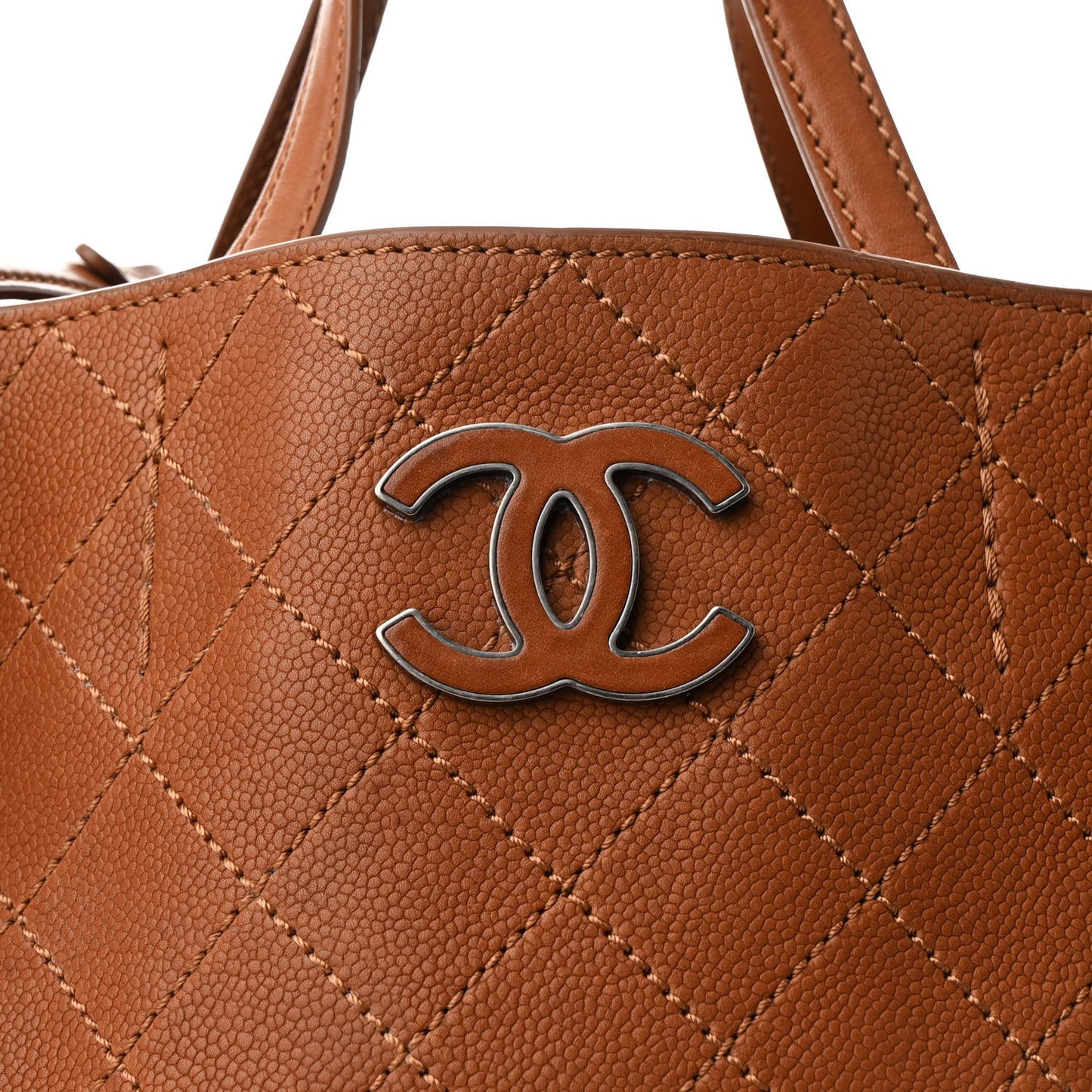 Grained Vegetal Calfskin Covered CC Shopper Tote Brown
