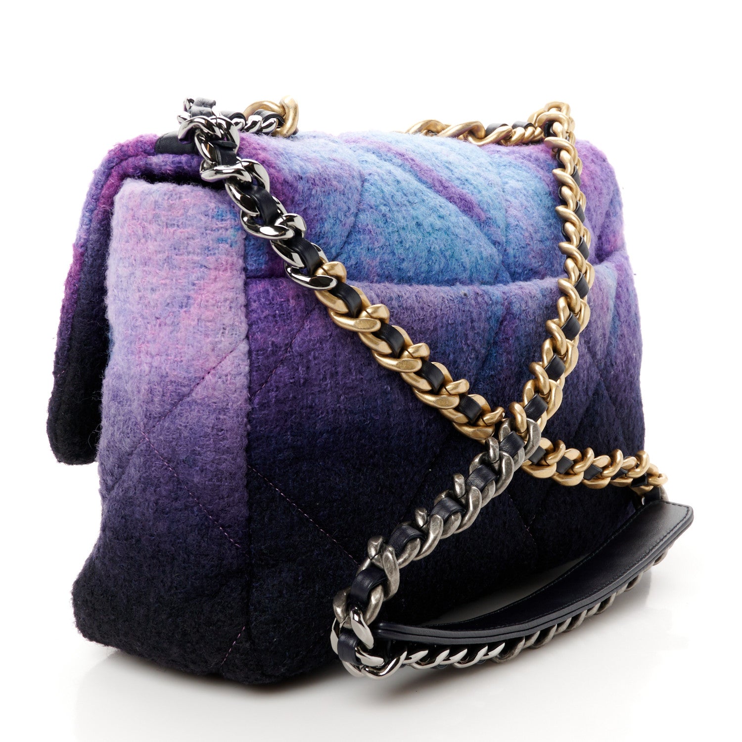 Chanel Wool Tweed Quilted Large Chanel 19 Flap Purple Black Blue 3 of 10