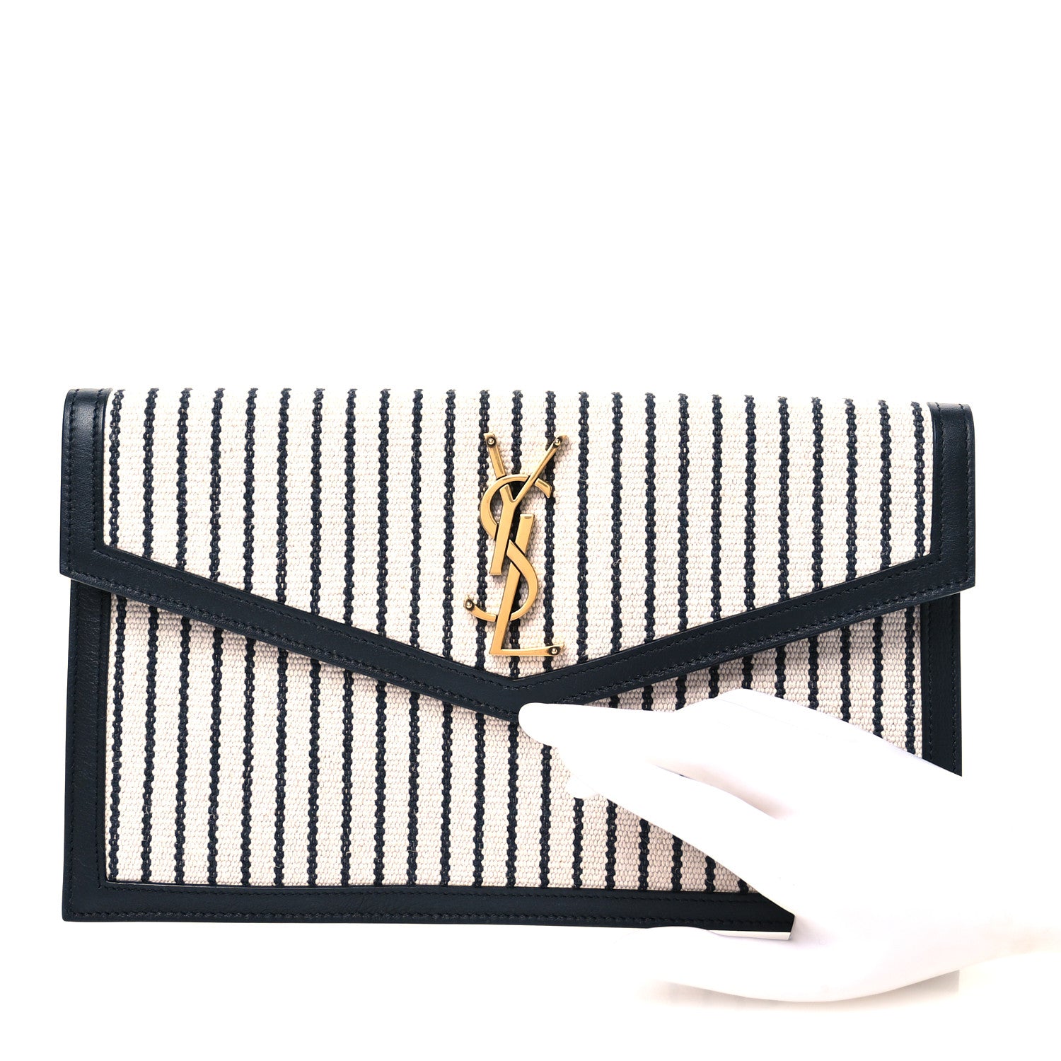 Saint Laurent Canvas Striped Uptown Pouch Beige Black 2 of 8
