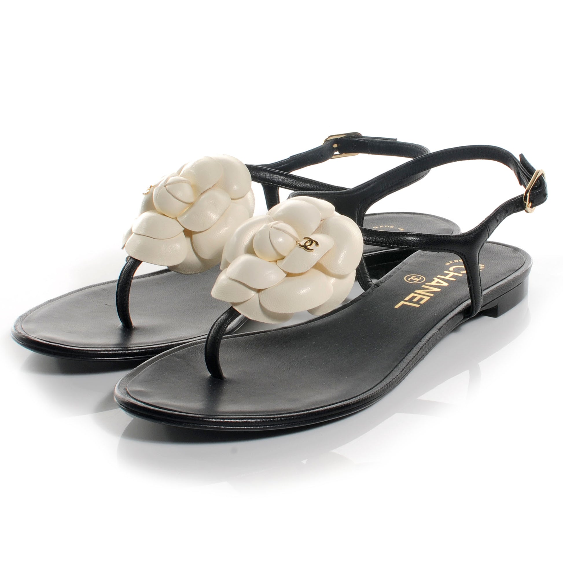 Chanel Lambskin Camellia Thong Sandals 37.5 Black White 3 of 6
