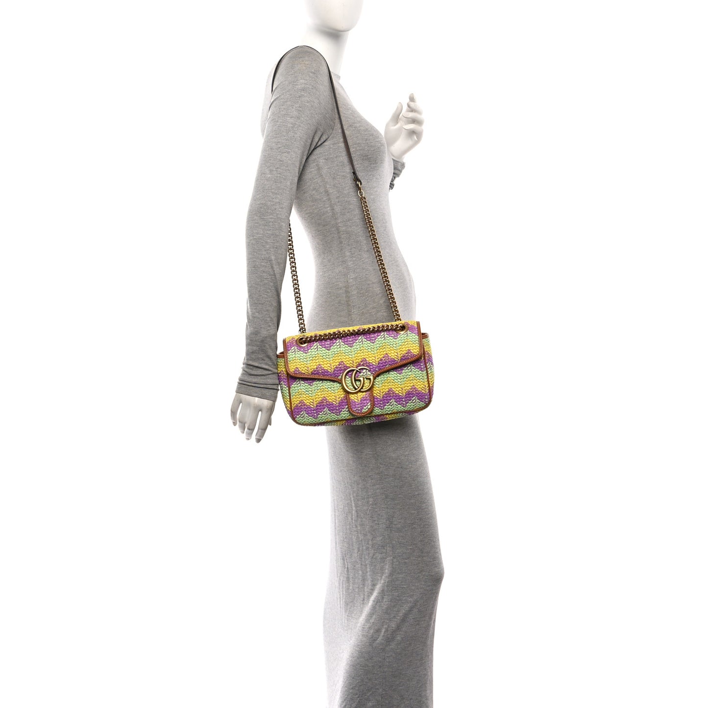 Calfskin Raffia Woven Small GG Marmont Shoulder Bag Multicolor