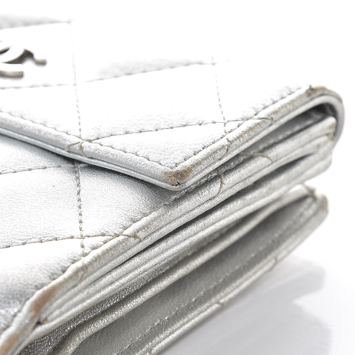 Metallic Lambskin Quilted Compact French Flap Wallet Silver