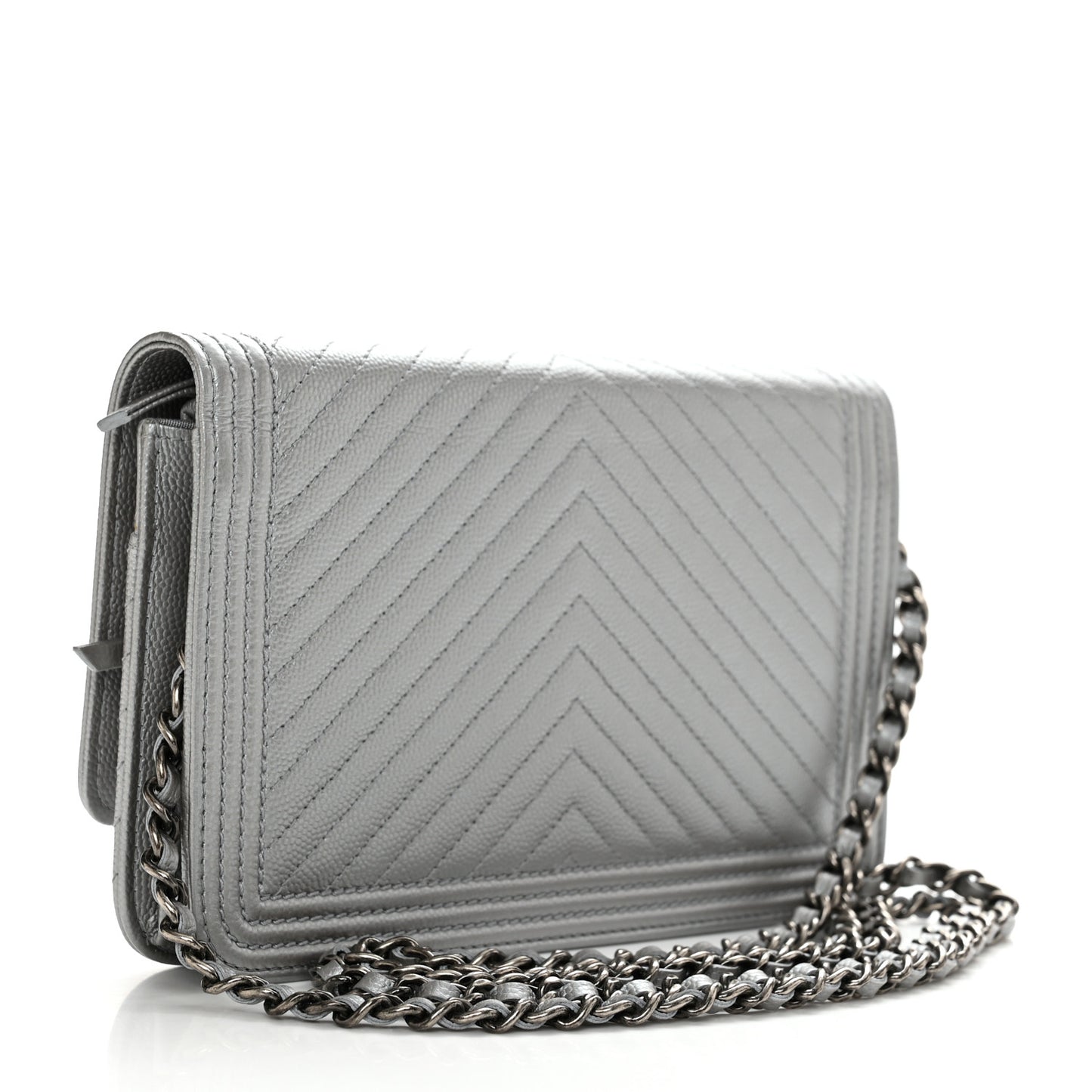 Metallic Caviar Chevron Quilted Boy Wallet On Chain WOC Silver