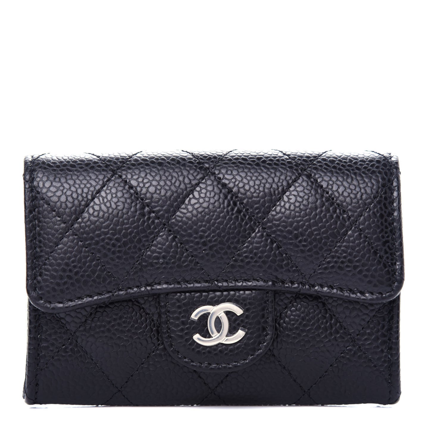 Caviar Quilted Flap Card Holder Wallet Black