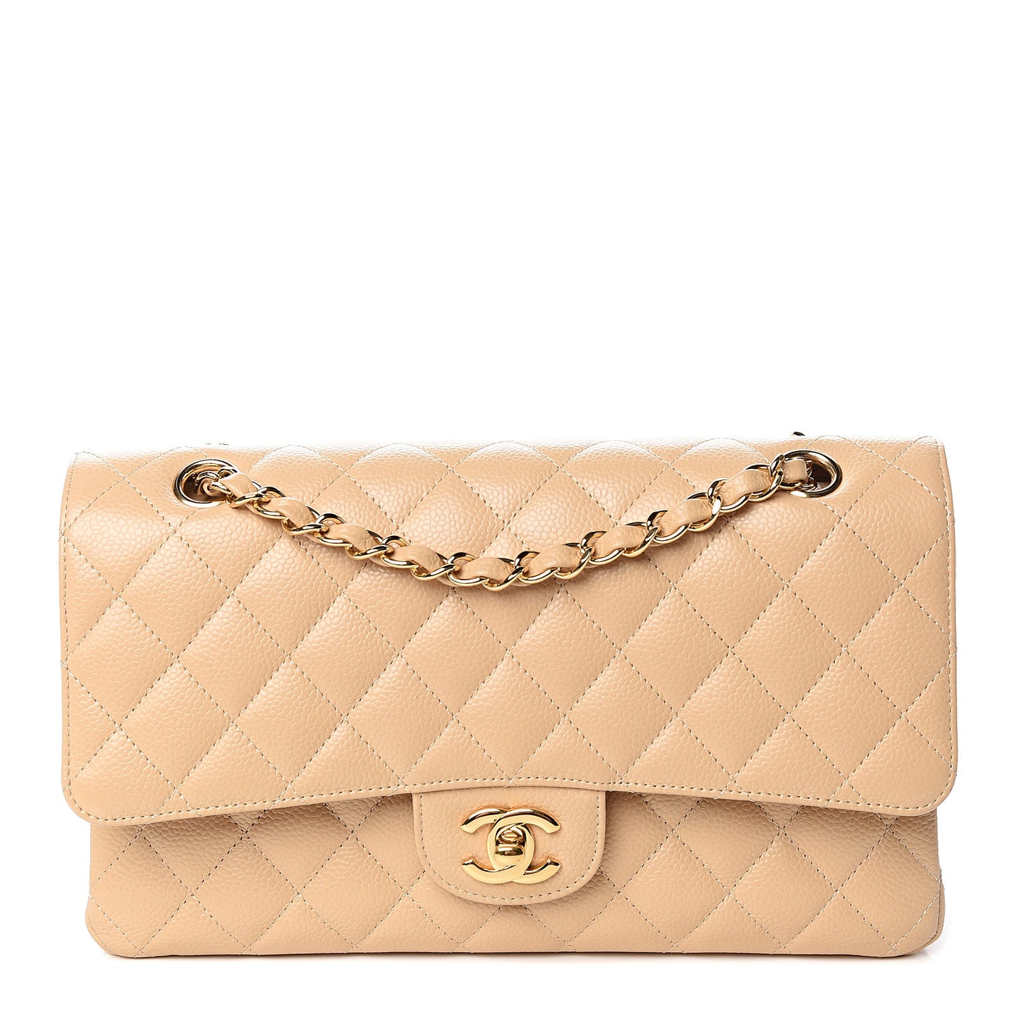Caviar Quilted Medium Double Flap Beige