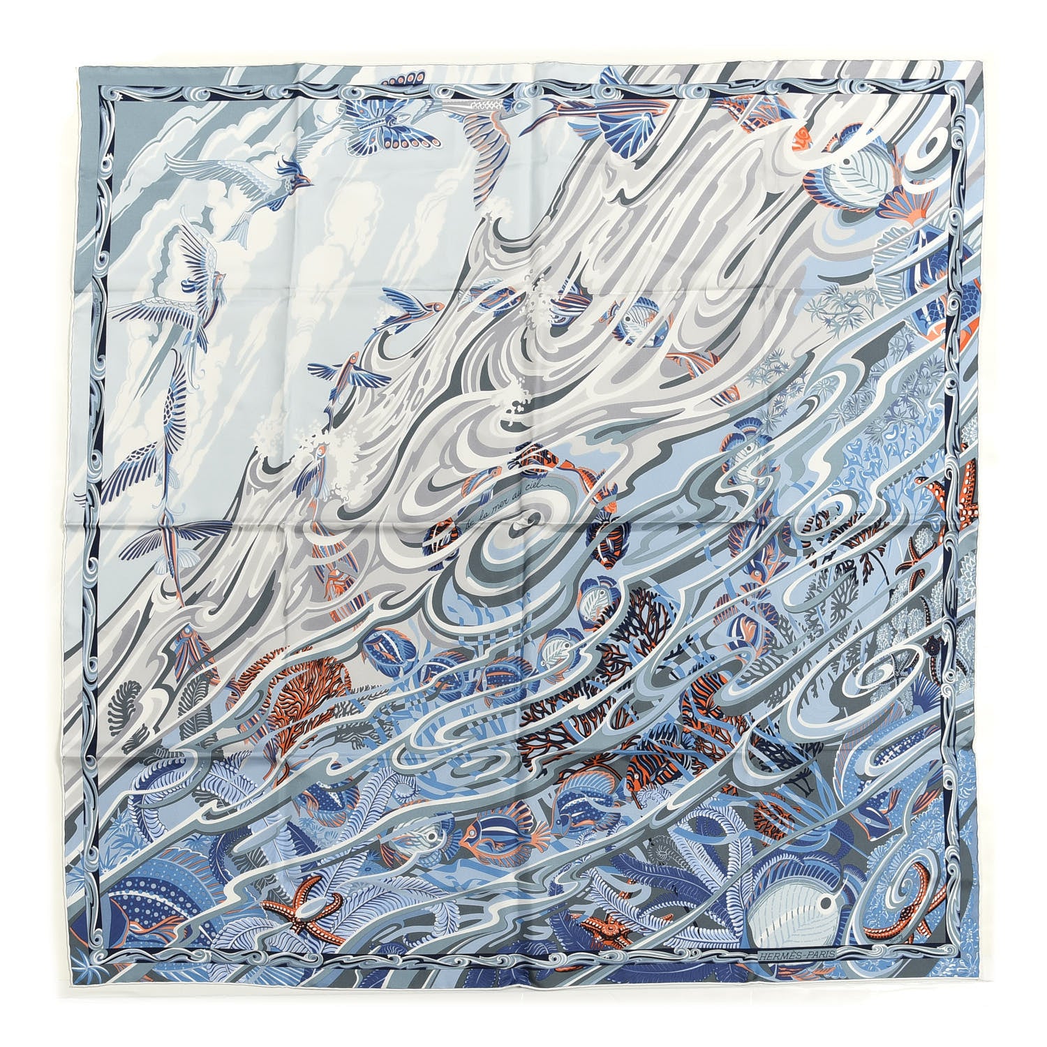 Hermes Silk De la Mer Au Ciel Scarf 90 Blue Jean Ceil Corail 1 of 5