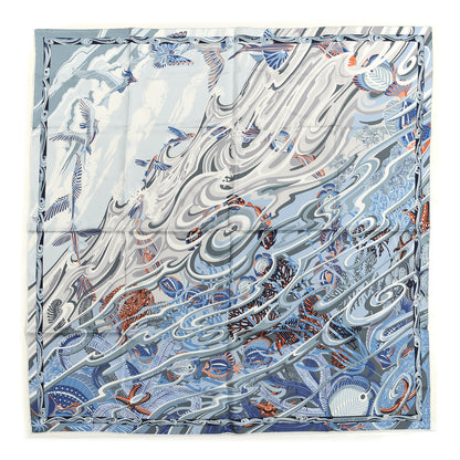 Hermes Silk De la Mer Au Ciel Scarf 90 Blue Jean Ceil Corail 1 of 5