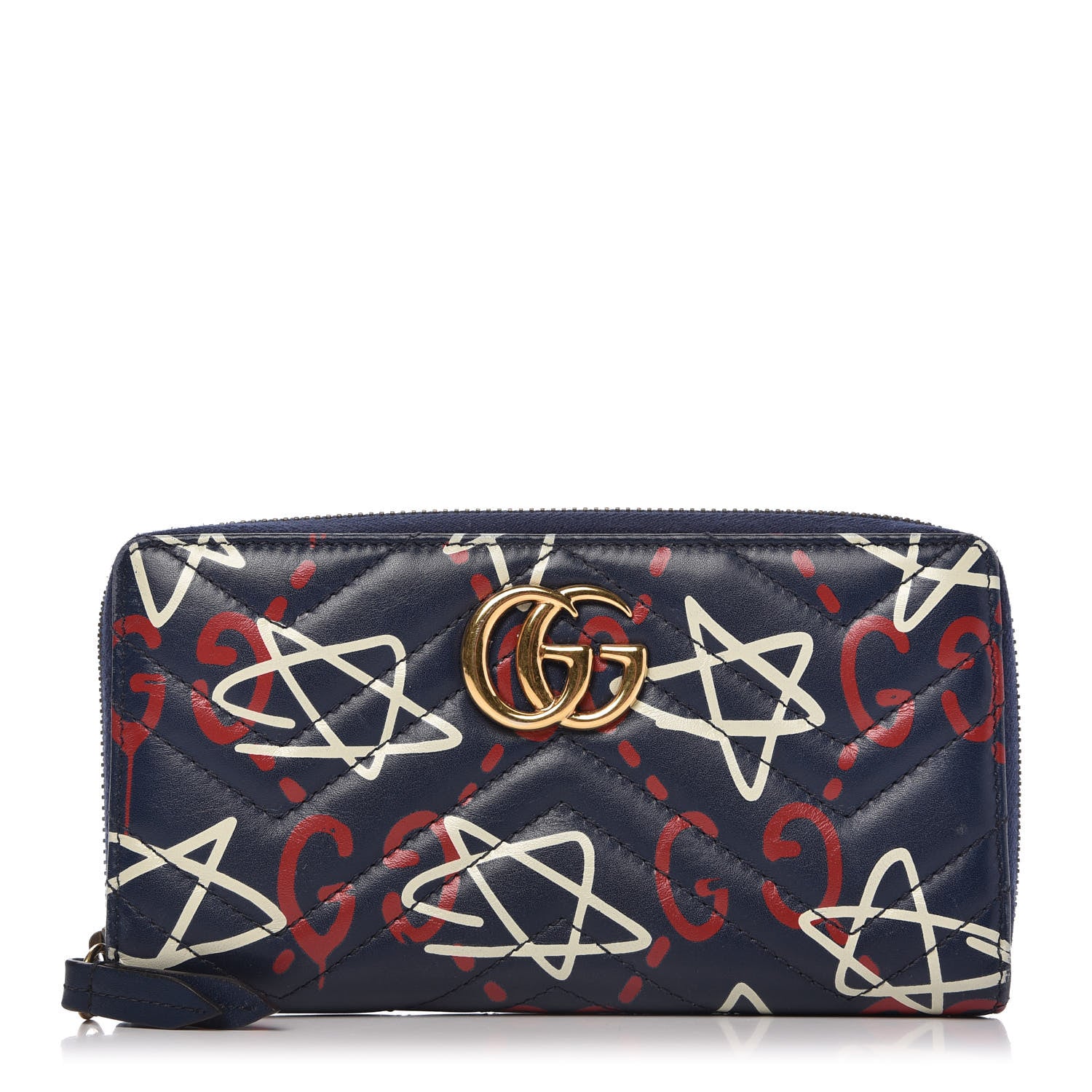 Gucci Calfskin Matelasse GucciGhost GG Marmont Zip Around Wallet Blue Agata Hibiscus Red 1 of 10