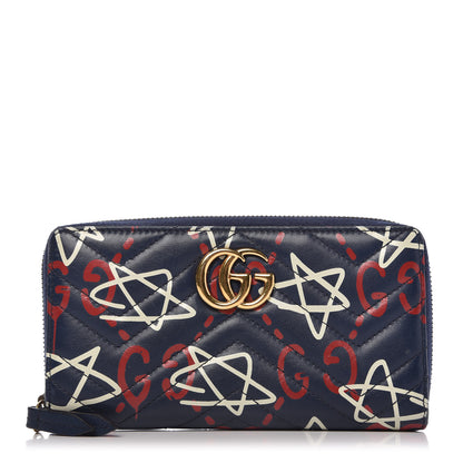 Gucci Calfskin Matelasse GucciGhost GG Marmont Zip Around Wallet Blue Agata Hibiscus Red 1 of 10