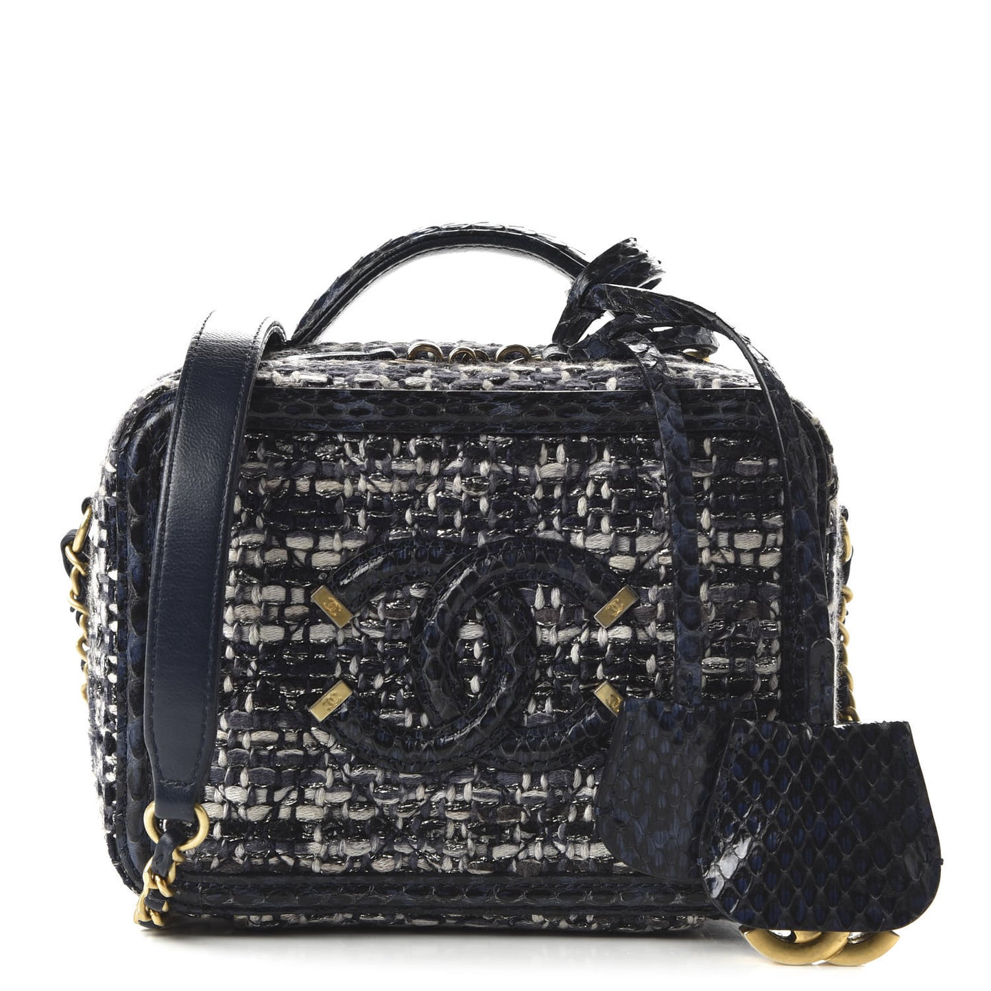 Tweed Snakeskin Quilted Small CC Filigree Vanity Case Black Ecru Silver