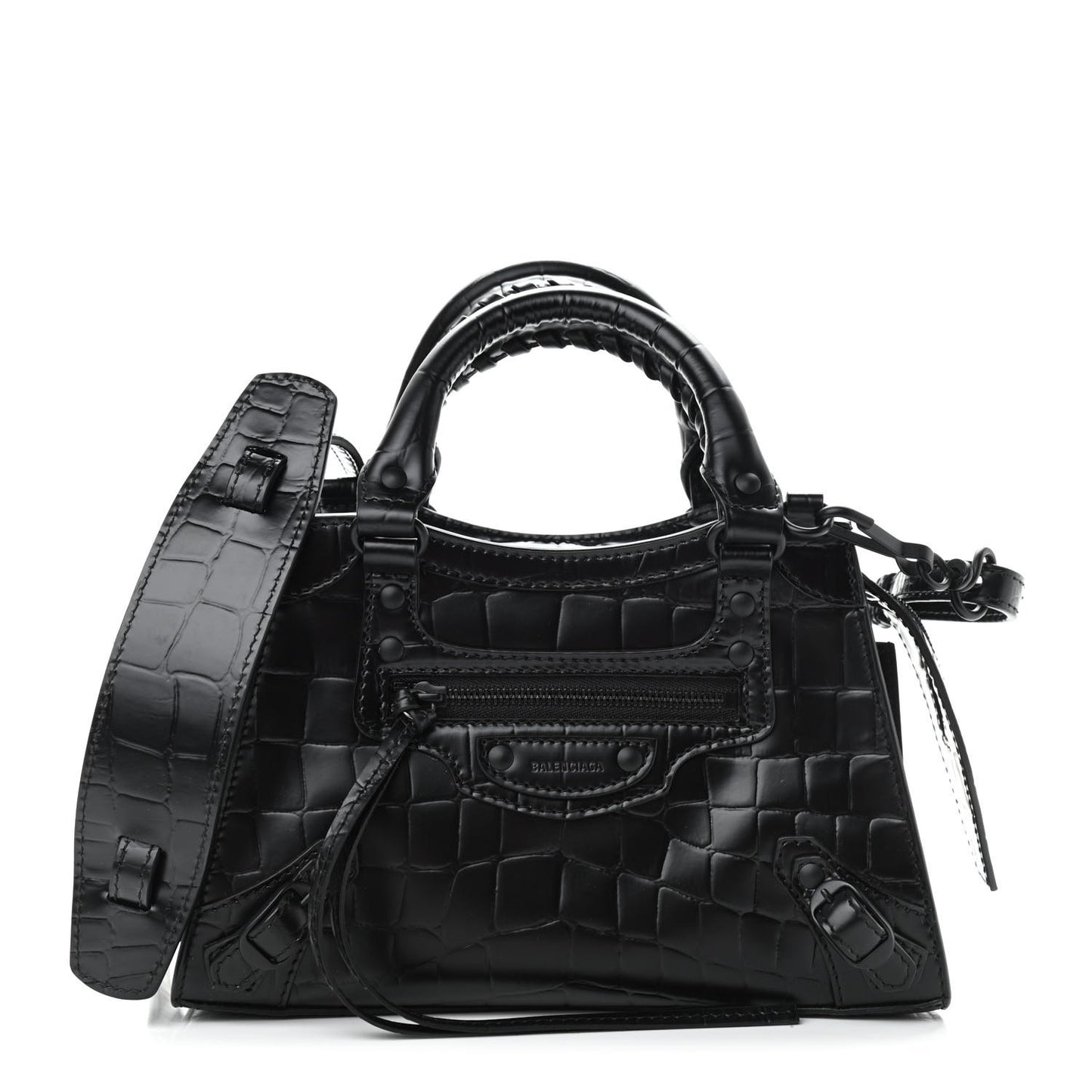 Semi Shiny Calfskin Crocodile Embossed Neo Classic Black Hardware Mini City Black