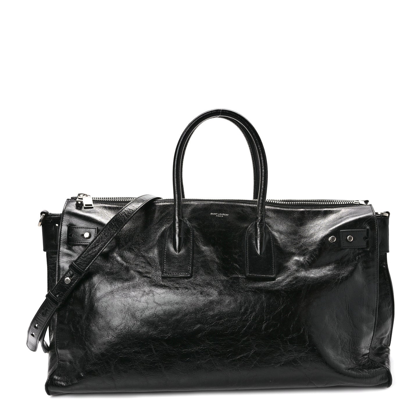 Cracked Shiny Calfskin Medium Souple Sac De Jour Duffle Black