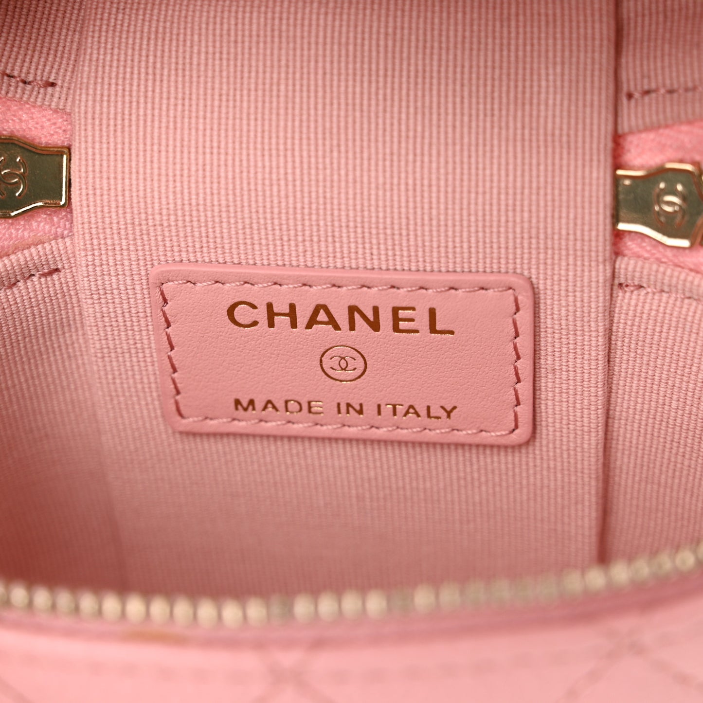 Caviar Quilted Small Handle With Care Vanity Case With Chain Pink