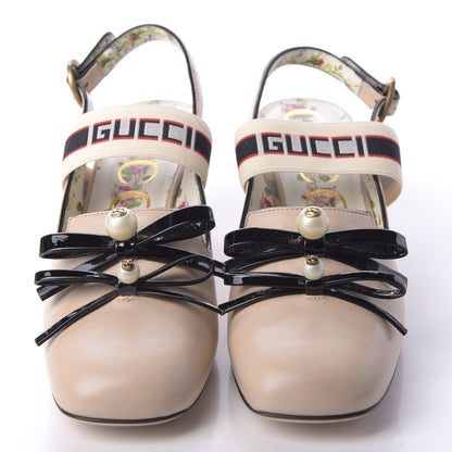 Gucci Malaga Kid Bow Ace Stripe Mid Heel Slingback Pumps 37 Beige 2 of 10