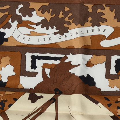 Hermes Silk Les Dix Cavaliers Scarf 90 Chocolate Beige Dore Blanc 4 of 6