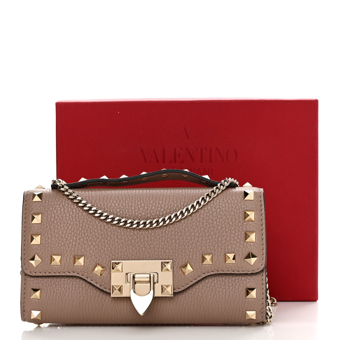 Pebbled Calfskin Rockstud Flip Lock Wallet On Chain Poudre