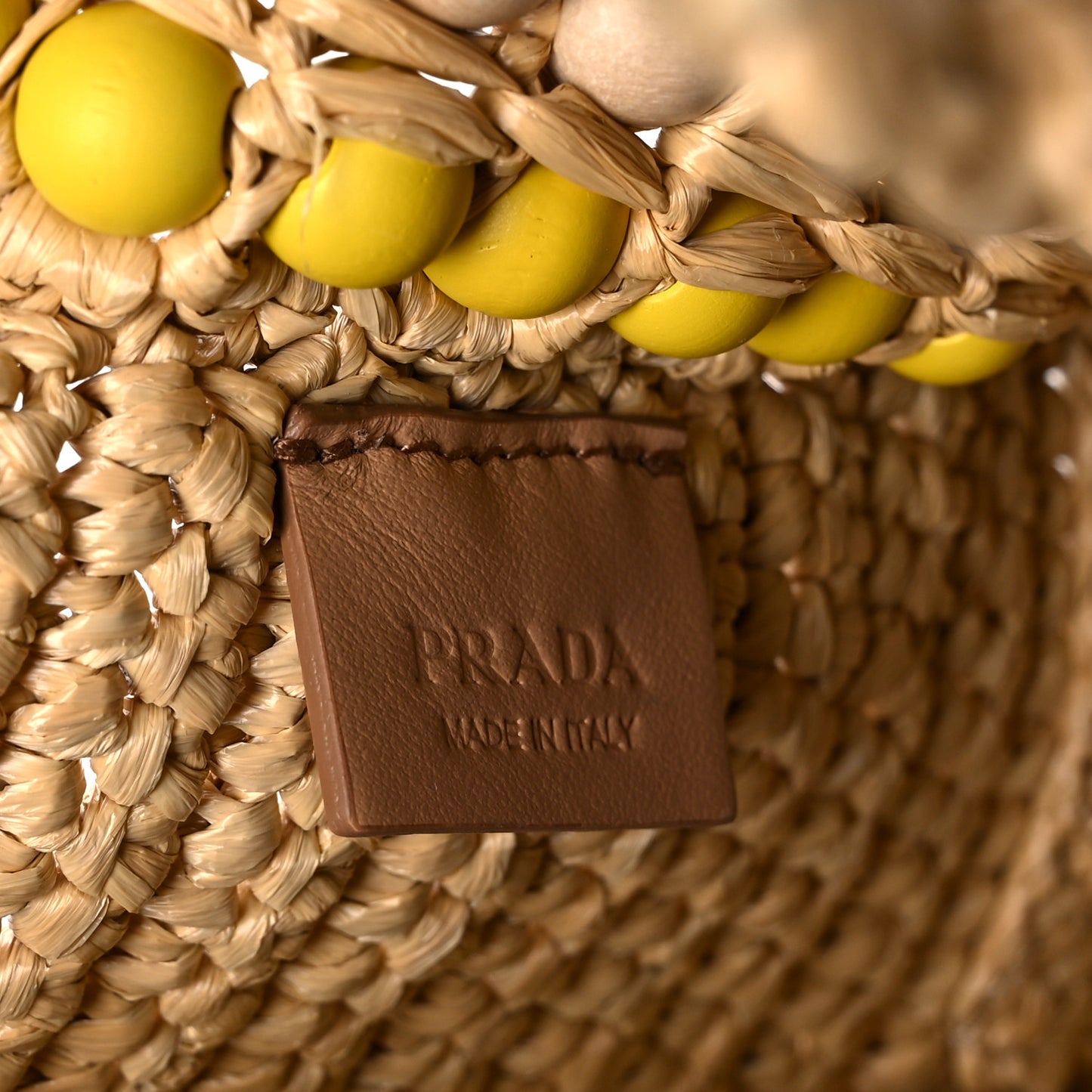Raffia Wood Bead Embroidered Logo Tote Bag Naturale