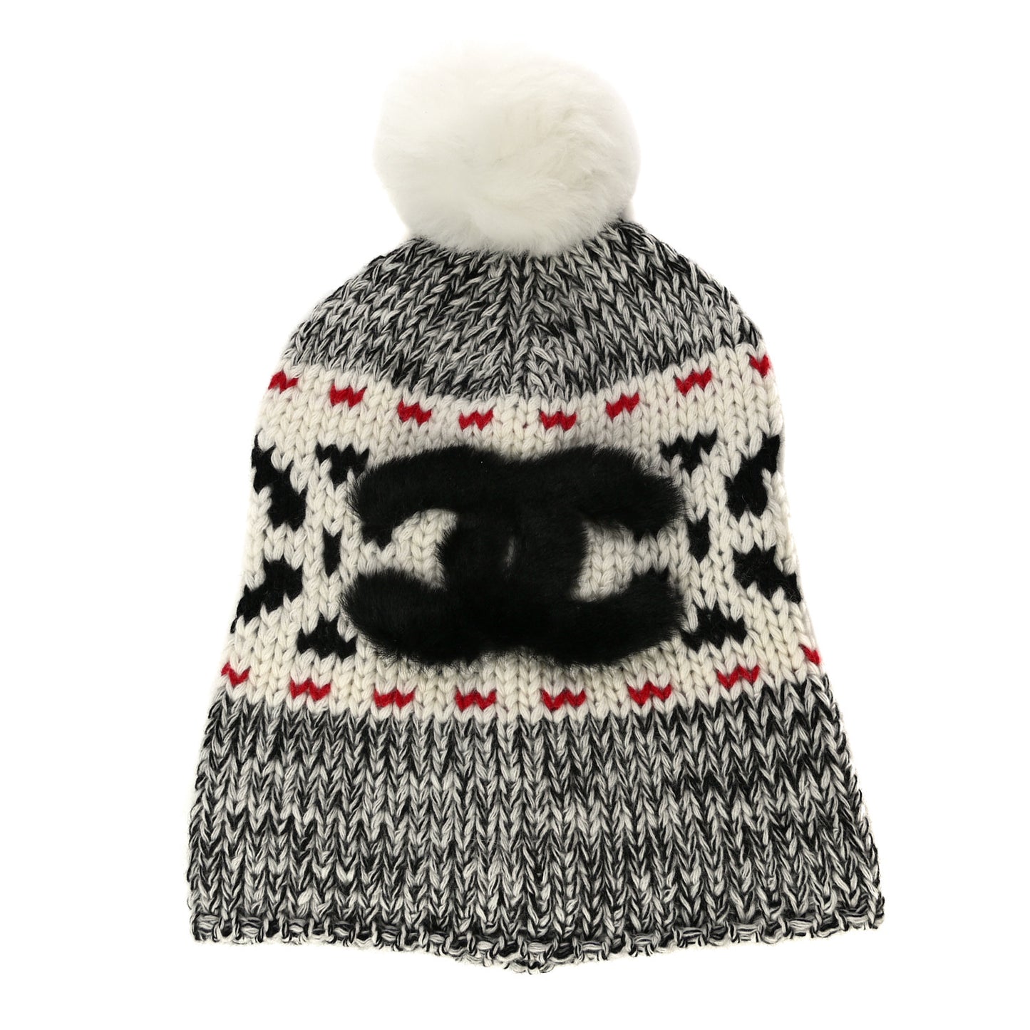 Wool Shearling CC Beanie Hat Ivory Black Red