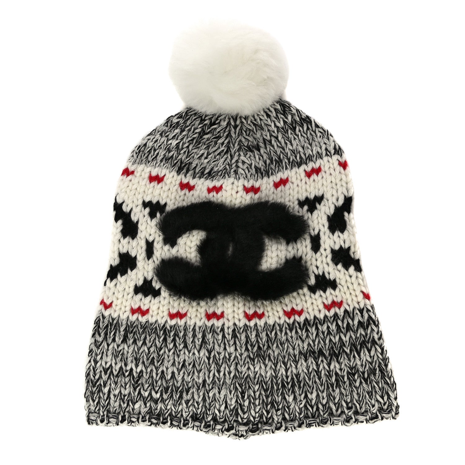Chanel Wool Shearling CC Beanie Hat Ivory Black Red 1 of 8