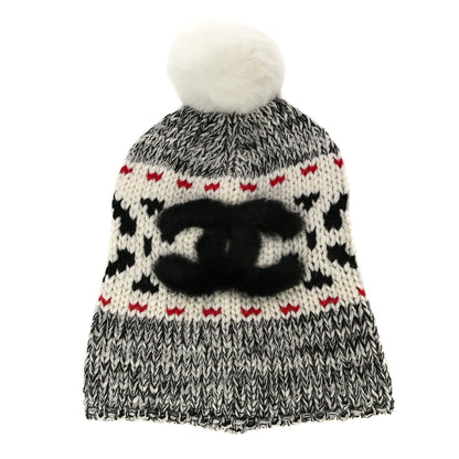 Chanel Wool Shearling CC Beanie Hat Ivory Black Red 1 of 8