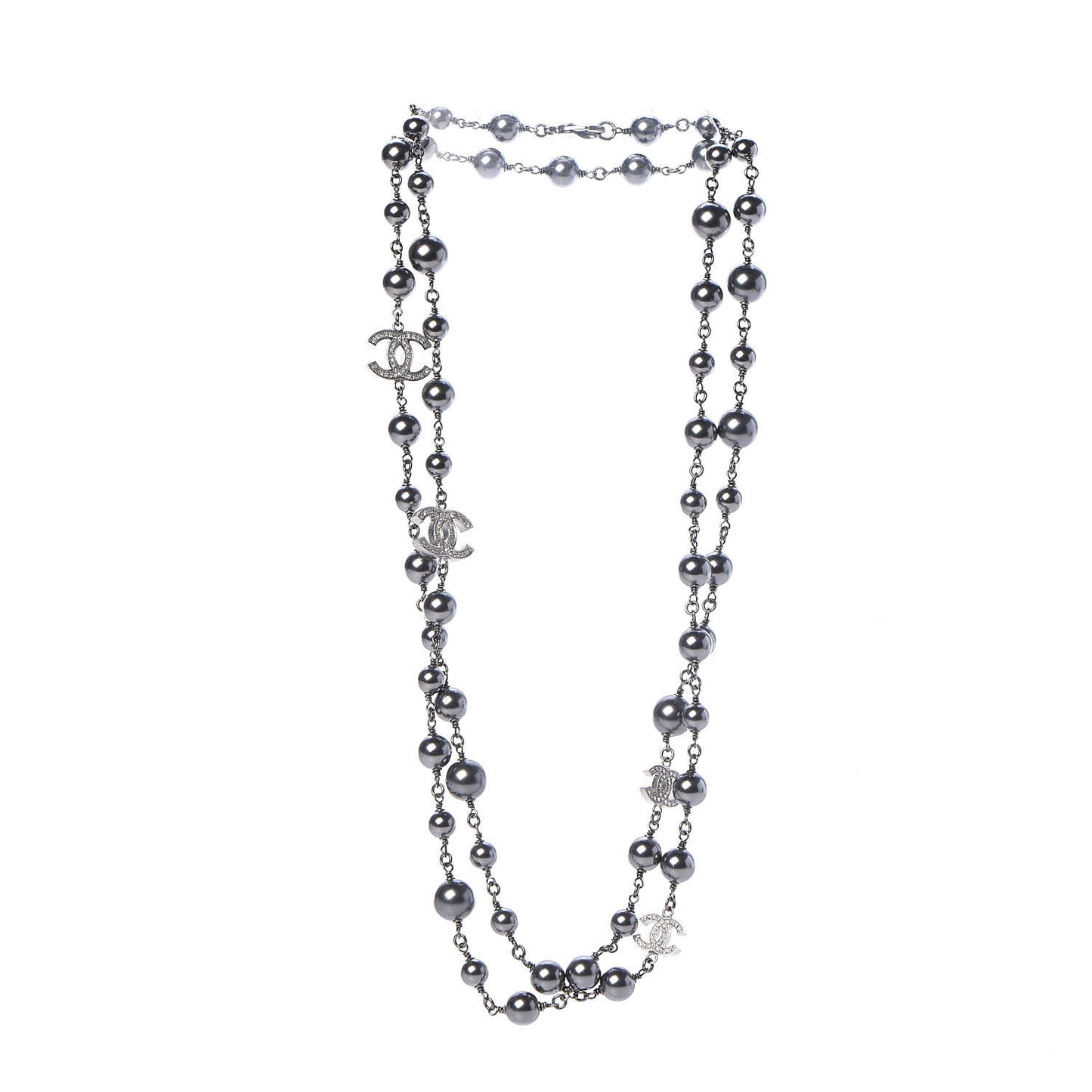 Pearl Crystal CC Long Necklace Silver Grey